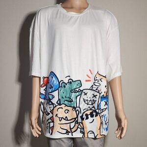 White Graphic T-Shirt with Cartoon Print